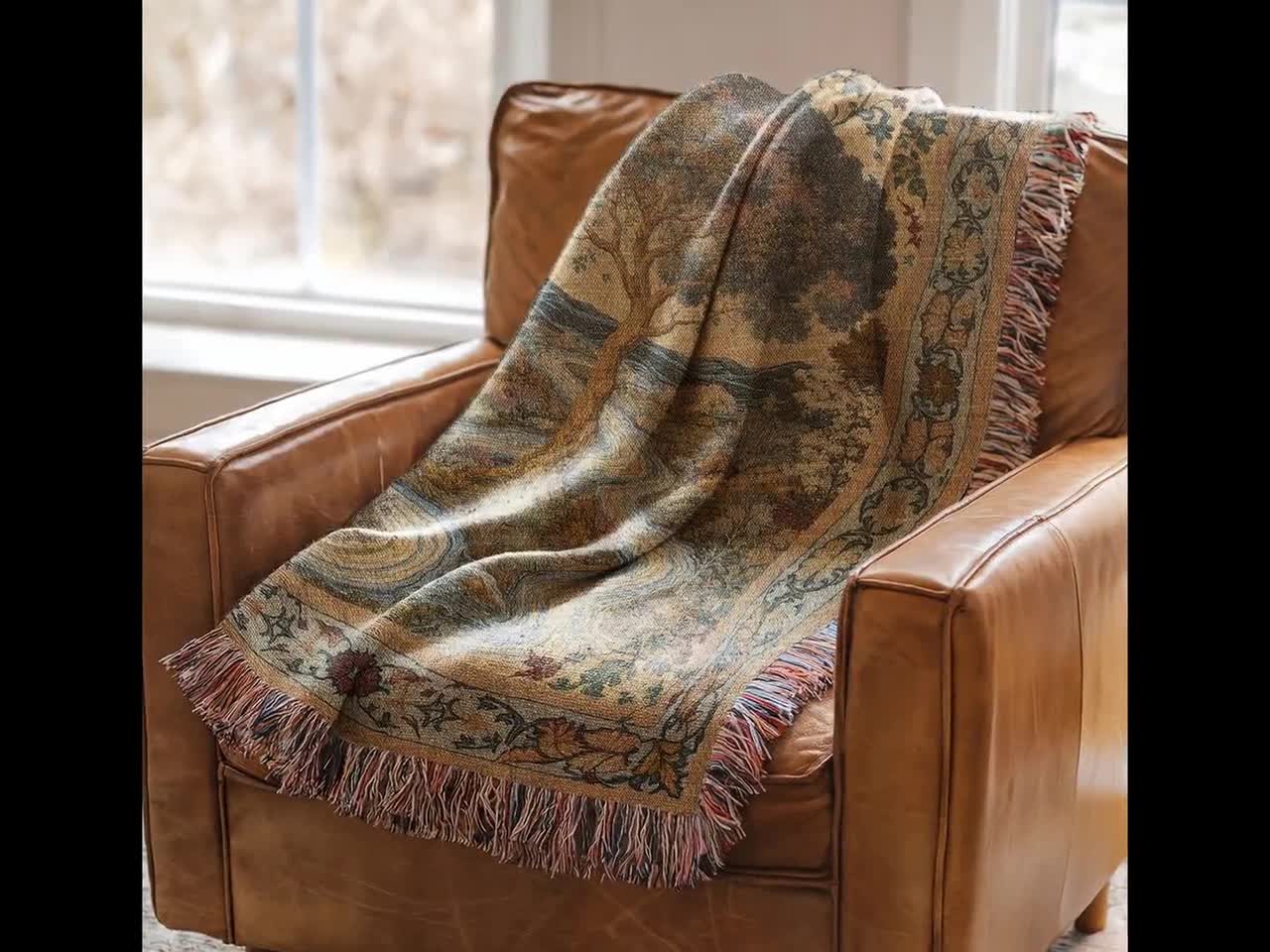 Tree of Life Woven Cotton Blanket: Cottagecore Tapestry Wall